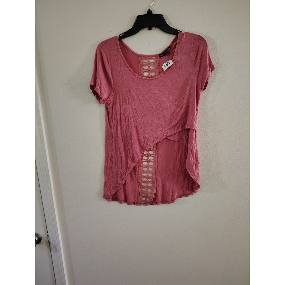 American Dream Womens Pink‎ Crochet Back Tulip Front Short Sleeve Top Medium